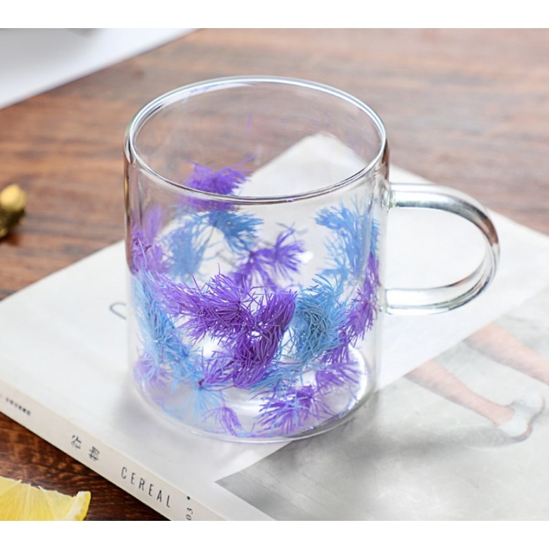 Cană cu flori uscate, violet, pereți dubli, sticlă borosilicată, 300 ml